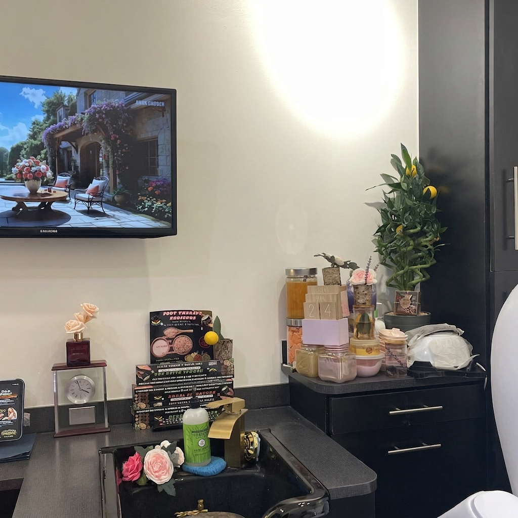 Pedicure room interior with TV, lemon bamboo plant, and spa products