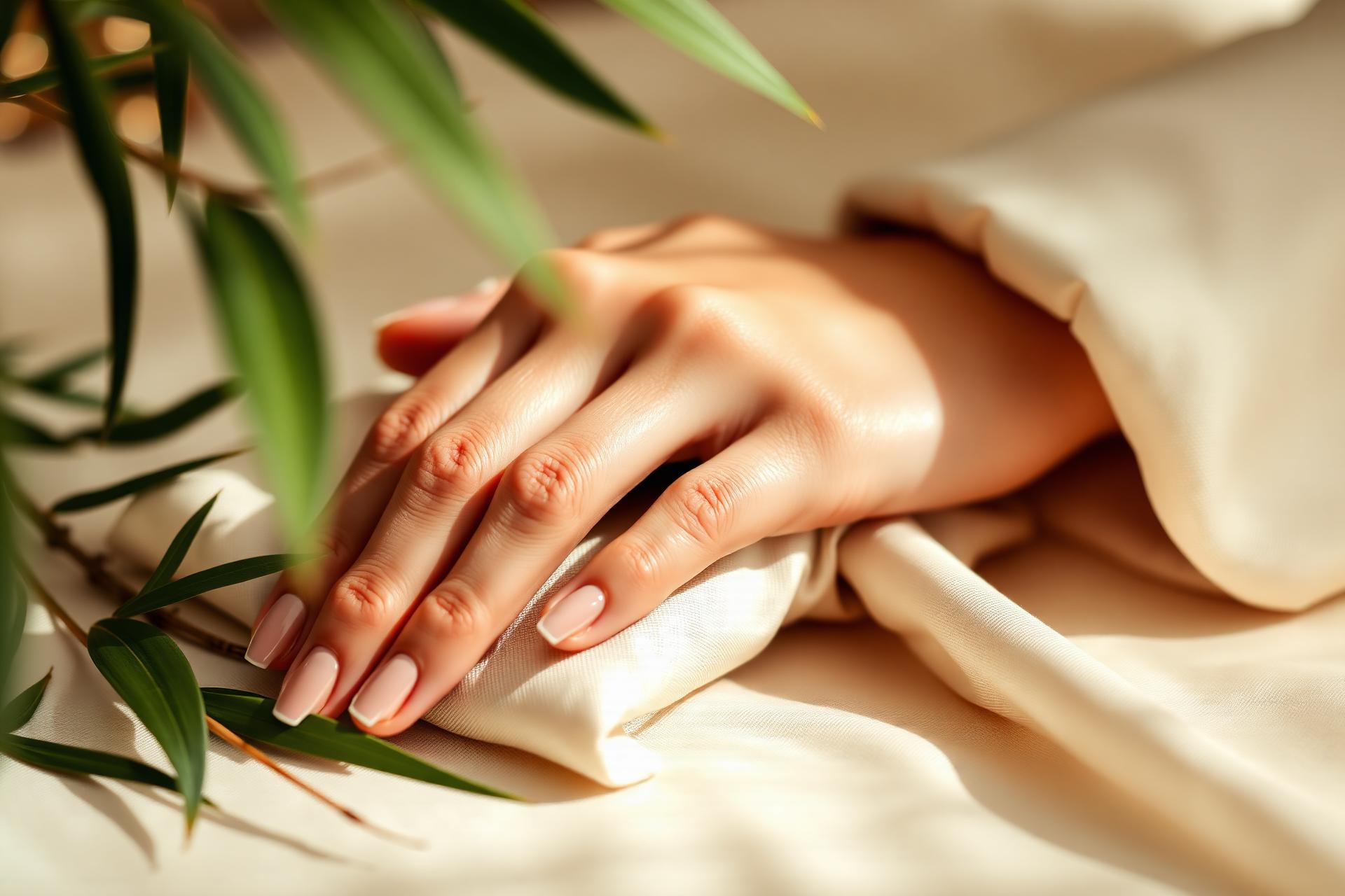Beautifully manicured nails resting on cream silk with bamboo leaves at Bamboo Nail Studio Winter Park
